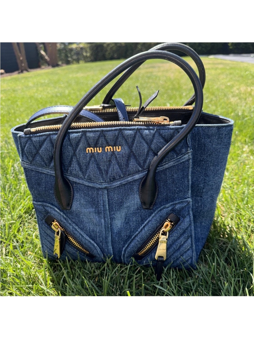 MIU MIU 2way Tote Bag Handbag w/Shoulder Strap Denim Blue Zip Biker